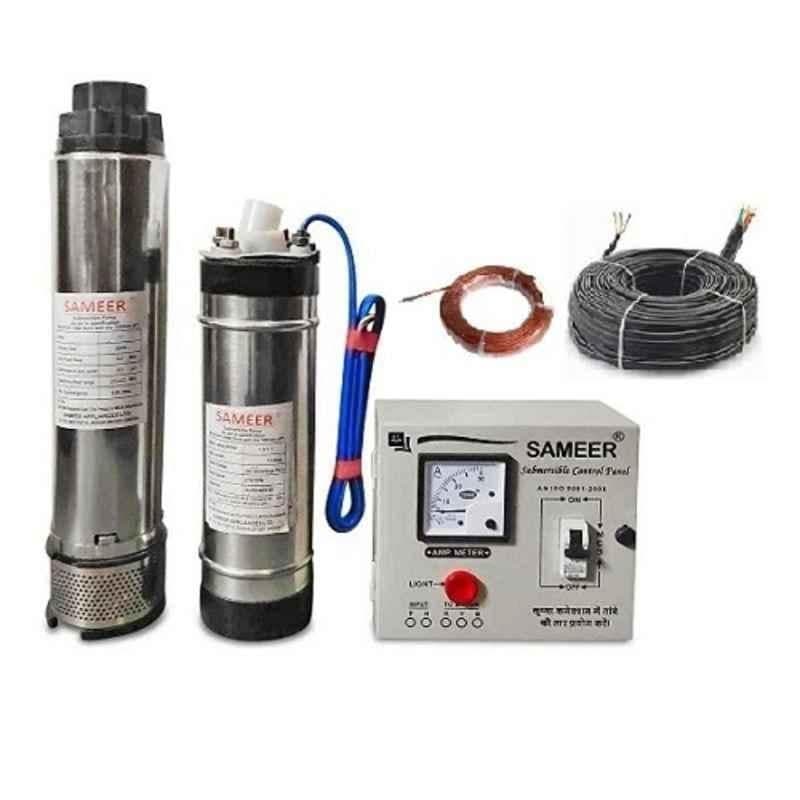 Sameer I-Flow 1HP 10 Stage Oil Filled Submersible Pump Set for Borewell with Control Panel, 30 m Safety Wire & 30 m Submersible Cable by Moglix