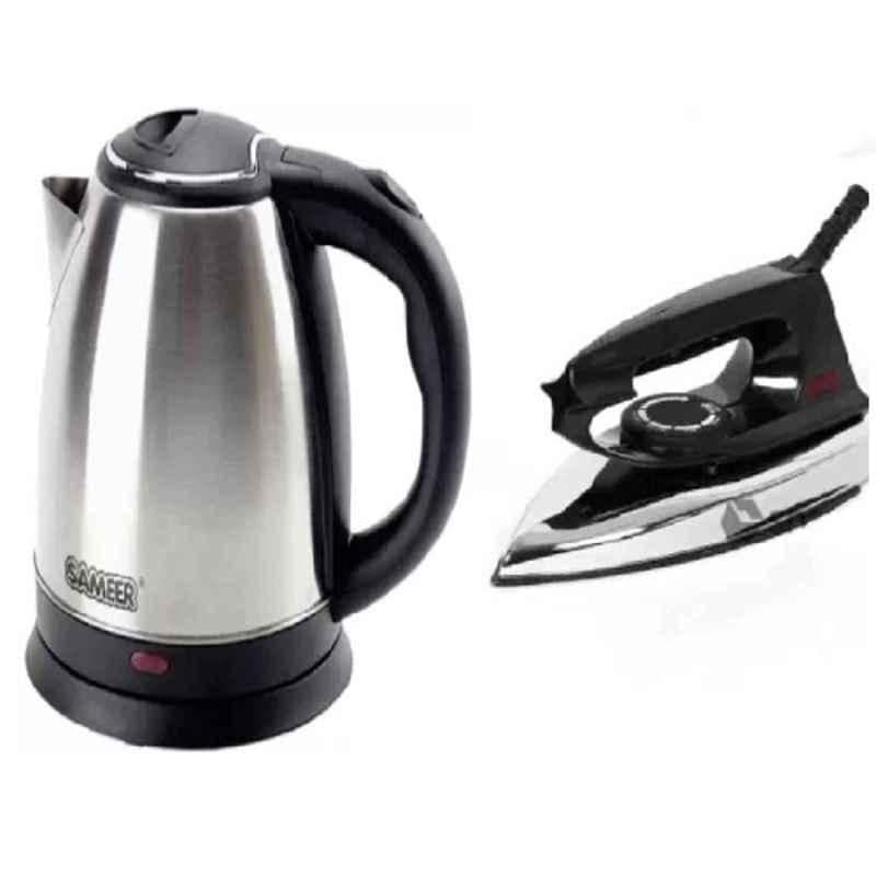 Sameer 1.5L 1000W Metal Grey Stainless Steel Electric Kettle & Razor 750W Black Dry Iron Combo